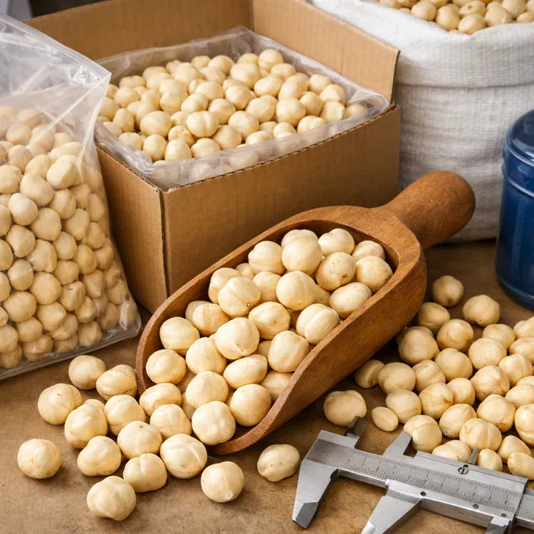 Ilustracja: blanszowane jądra orzechów laskowych